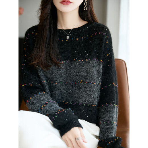 La Chapelle French-style fine glitter striped sweater for women 2025 autumn and winter new loose lazy warm bottoming huge good-looking sweater black XL recommended weight 115-130Jin Jin equals 0.5 kg