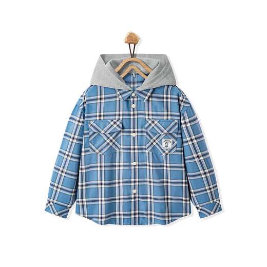 MiniPeace counter same style PEACEBIRD children's shirt spring and autumn plaid hooded long-sleeved jacket blue 120