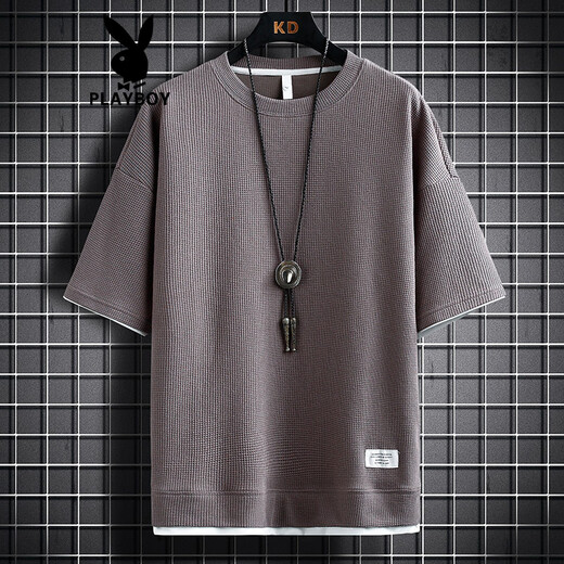 Playboy (Playboy) Herren-T-Shirt Kurzschlärmer Sommer Neues Stil FAKE TECHWAHL RUND HALKLOSE LOSSE HALFELETE T-SHIRT T-SHIRT WAFFLE CLASSIGE TOP 3880 GRÜN XL