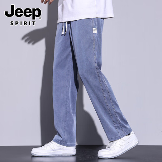 吉普（JEEP）天丝牛仔裤男士夏季冰丝薄款柔软垂感弹力松紧腰宽松直筒休闲长裤 1048/深灰色 M (建议体重 90-115 斤)