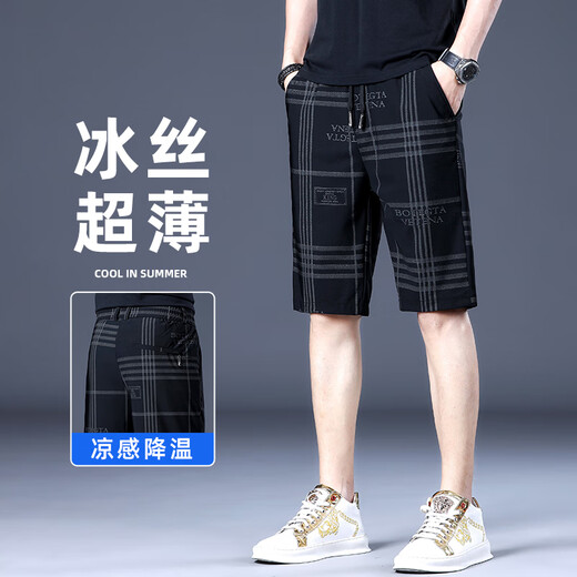 KOOSHI奢品冰丝短裤男潮牌男款沙滩裤男士运动五分裤裤子男装休闲中裤子 1585#黑色 28 100-109斤
