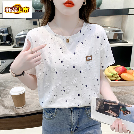 初径纯.棉印花t恤女短袖夏装2025年新款宽松印花设计感百搭体恤上衣潮 1396#白色 S 适合80-99斤