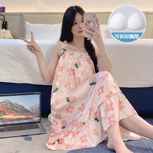 伊尚悠睡裙女夏季自带胸垫冰丝凉感吊带睡衣夏天女士甜美可爱家居服春秋 3887【不可拆胸垫】 M 【75-100斤】
