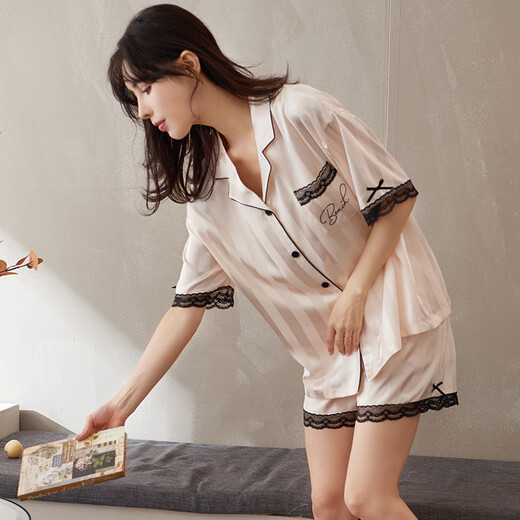 浪莎冰丝睡衣女夏季大码翻领短袖夏天女士仿真家居服薄 LW-9214 M 建议80-100斤