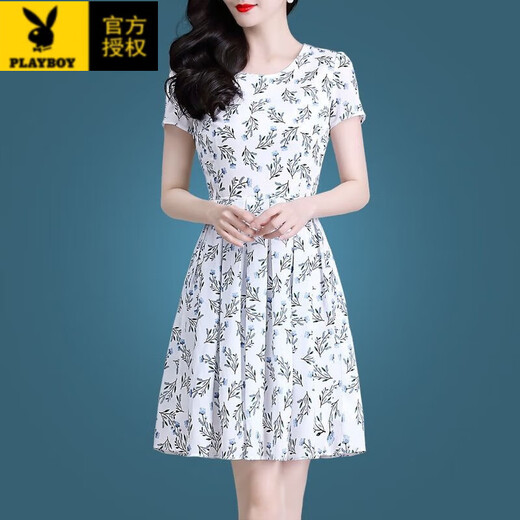 花花公子（PLAYBOY）小个子冰丝连衣裙40到50岁妈妈装收腰显瘦短袖夏天气质碎花裙 冰丝9902裙 M 100斤内