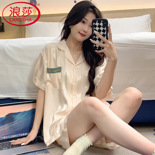 Langsha (Langsha) Leichtes luxuriöses Sommer Cool Ice Feeling Damen Pyjamas Neue Prinzessin Seide Kurzarm Student Student Home Cloding Set Frühlings- und Herbst-Eis Silk 5009 m (80-100jin [Jin gleich 0,5 kg])