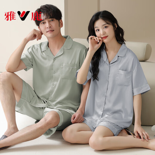 雅鹿情侣睡衣夏季冰丝薄款男士短袖宽松缎面女家居服套装 NS16802女16602男 M 女