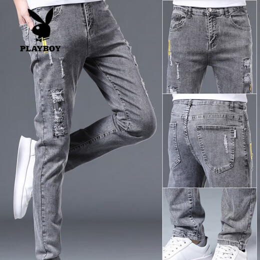 Playboy (PLAYBOY) jeans men's slim feet men's pants ripped trendy brand elastic slimming 2025 summer thin men's long trousers 6636 gray + 082 black 29