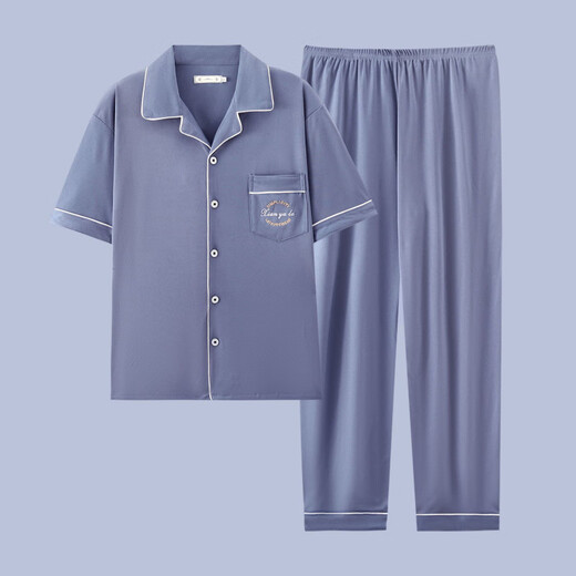 Heyu Herren-Pyjama-Herren-Kurzärmel-Sommer-Dünne Baumwoll-Pyjama-Pyjama-Herren-Feder- und Sommer-Kleidungsstück G3884 Blau (kurzärmelig) 195 4xl [Empfohlen 170-200jin [Jin gleich 0,5 kg]]