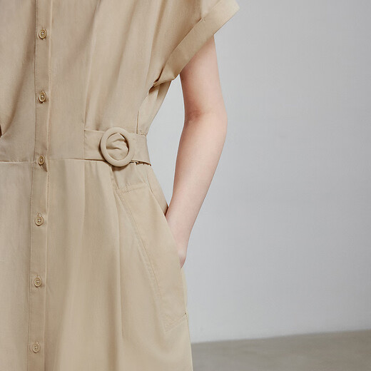 Erste Wörter cooler Laiber-Baumwoll-Hemdrock für Frauen 2025 Sommer Neuer Pendlerstil Schnürpreis-Hülle Kleid warme Aprikosenfarbe m