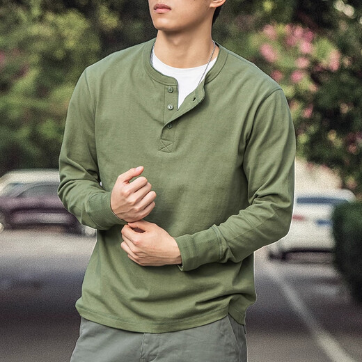 Kuraishi Kazuki trendy American Henry collar long-sleeved T-shirt men's spring and autumn pure cotton sweatshirt men's bottoming Henry shirt black 250g pure cotton L 130-155Jin Jin equals 0.5 kg
