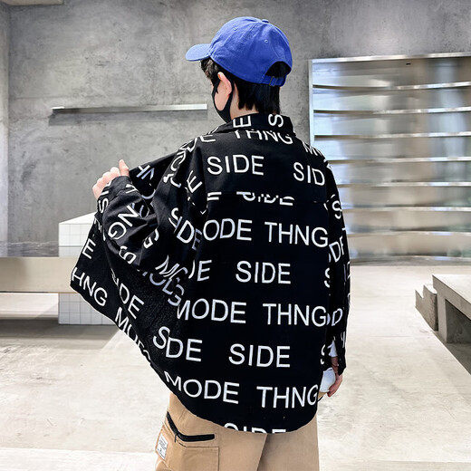 Xinyouyu 2025 new boys' shirts for spring and autumn, large children's shirts, trendy letter printed shirt tops, black 120