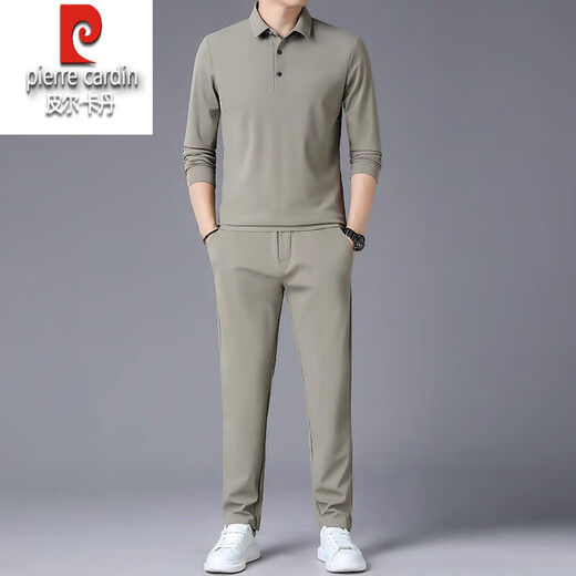 皮尔卡丹仿桑蚕丝休闲运动套装男商务冰丝运动时尚两件套纯色春秋薄针织 9756灰色【长】 M 165