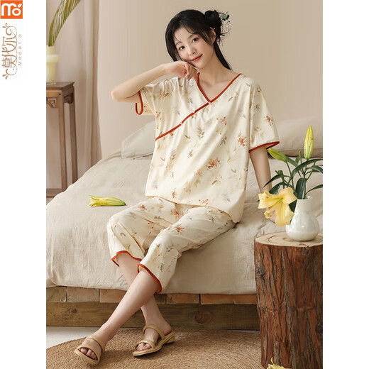 Modal Pyjamas für Frauen im Sommer 2025 Neuer kurzärmeliger Anzug Baumwolle Dünne neue chinesische Hosen für die Kumpel für Outdoor-Kleidung LZY9902 M (Empfohlen 75-95jin [Jin gleich 0,5 kg])