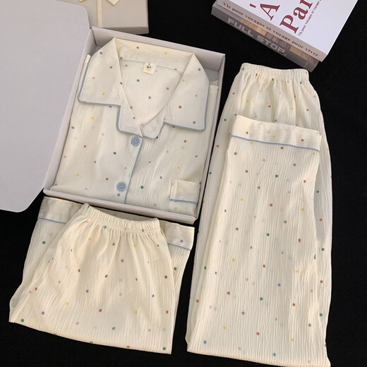 Catman MiiOW pajamas for women in summer pure cotton gauze short-sleeved three-piece set ins Japanese polka dots student summer casual home clothes Yunduo Cotton-9905# Black Love Three-piece Set M [Suggestion 75-100Jin [Jin equals 0.5 kg]]