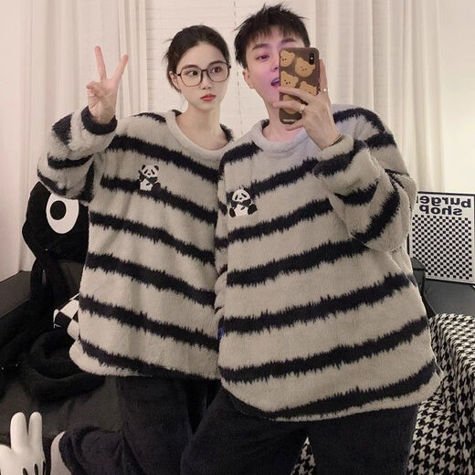 Autumn and winter coral velvet couple pajamas for men and women, teenagers and students can wear thickened flannel home clothes suit KE-R141# black and white striped cat pullover 2XL male
