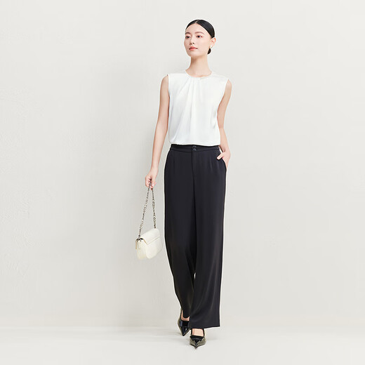 菲妮迪（FINITY）休闲裤2025年夏季新款简约气质直筒垂感百搭长裤女 黑色 XL