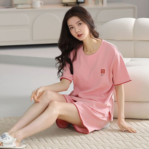冬雾100%纯棉睡衣女夏季短袖短裤薄款可爱学生全棉夏天休闲家居服套装 蔷薇色 A9859短裤 M 码（80-100斤）
