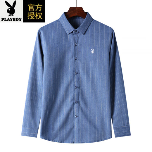 Playboy (PLAYBOY) autumn long-sleeved shirt men's pure cotton non-iron plaid fashion loose middle-aged dad classic shirt upper cyan 6626 with pockets M 165/39 recommended 100-116 Jin Jin equals 0.5 kg