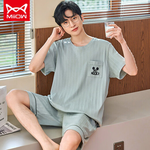Catman Miiow Pajamas Summer de algodón puro de algodón puro pantalones cortos de manga corta en ropa de hogar verde para el hogar
