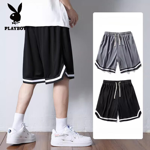 花花公子（PLAYBOY）运动短裤男款夏季美式篮球裤衩冰丝速干五分中裤男士宽松休闲裤子 1478 黑色 L