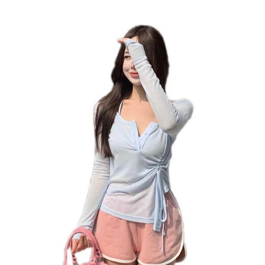 He Jianbing blouse, lazily style, v-neck, long-sleeved T-shirt, scheming t-shirt, women's early autumn long-sleeved v-neck short top, small design sense, white top, two-piece set, L 2L, 14117Jin[Jin equals 0.5 kg]