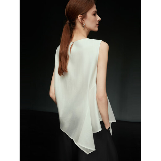 ELLE [Pure White Order] Ruffled Acetate Sleeveless Shirt for Women 2025 Summer New Tencel Chiffon White Shirt White M