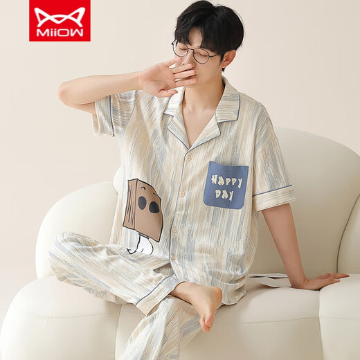 Catman MIIOW men's pajamas summer pure cotton short-sleeved trousers spring and summer thin simple large-size cardigan home clothing set:An693 L men