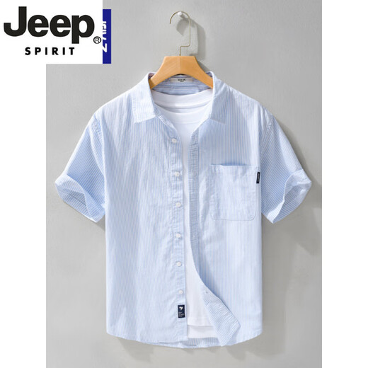 Jeep Spirit High-End-Herren-Pure-Baumwoll-Kurzärmel-Hemd japanischer Sommer-Sommer-Dünn-Streifen-Hemd Neue trendige Top 9740 Hellblau L.