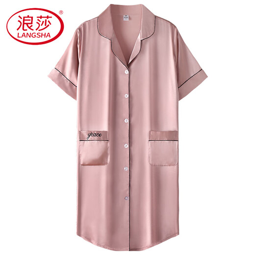 浪莎轻奢新款睡裙女夏季性感短袖衬衫开衫中长款仿真绸缎女睡衣裙 DF9902 M 【建议80-100斤】