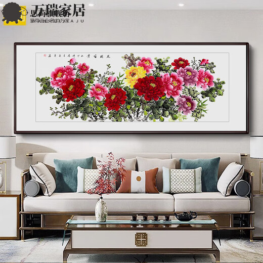 MPPMCK hand-painted authentic Chinese paintings, flowers blooming, rich peony flowers, new Chinese style living room and dining room decoration paintings, sofa background wall hanging paintings, hand-painted peony style D flower blooming, rich frame size: 13062CM pine wood frame right angle