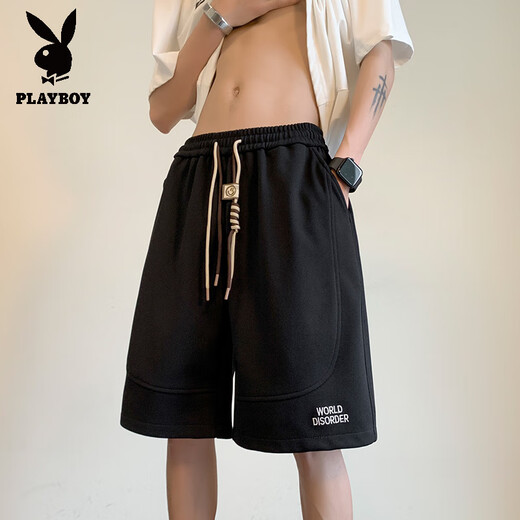 花花公子（PLAYBOY）2025夏季新款时尚潮流刺绣短裤男潮流宽松百搭直筒运动五分裤子 826米白色 M