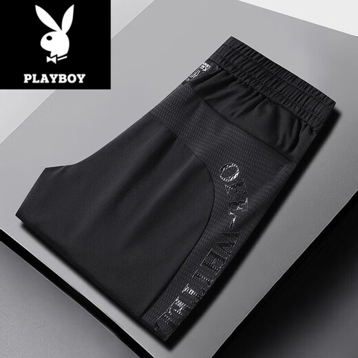 Playboy (PLAYBOY) 2025 Spring and Autumn New Leisure Pants for Men for Men Casual Loose Trendy Thin Breathable Long Pants for Men K9226 Black Flat Angle L Suggestion-115Jin[Jin equals 0.5 kg]