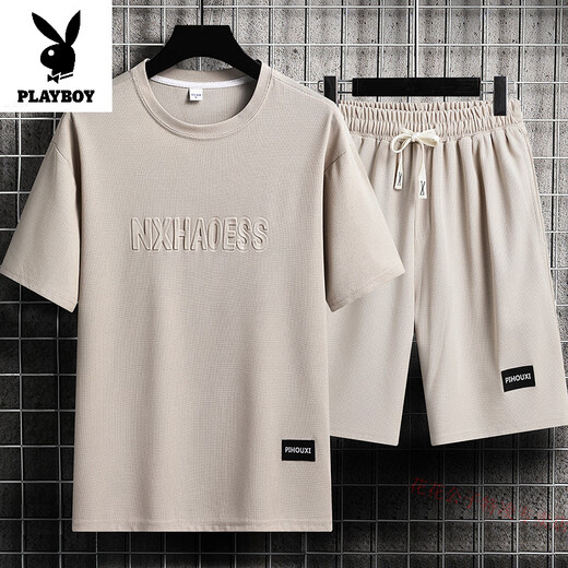 Playboy Men's Summer Suit Teen Short Sleeve T-shirt Thin Ice Silk Two-Piece Set Casual Sportswear Five-point Short Pants Set-TZ829 Military Green [Top + Pants] M Recommended 90-110Jin [Jin equals 0.5 kg]