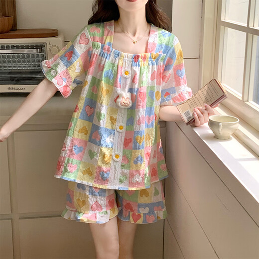 
Langsha 2025 new pajamas for women in summer cloud cotton with chest pad short sleeve sweet love can be worn outside home clothing set 15265 chef dog fixed chest pad M single size