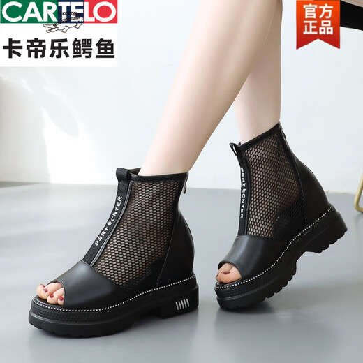 CARTELO crocodile (CARTELO) sponge cake thick-soled waterproof platform Roman sandals for women 2025 summer new style inner heightened mesh hollow sandals fish mouth shoes black 41