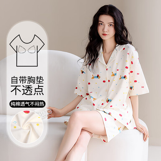 猫人（MiiOW）睡衣女士纯棉夏季带胸垫透气少女休闲2025新款可外穿家居服套装 可爱狗狗 【100%新疆棉 带胸垫】 M 【建议体重80-105斤】