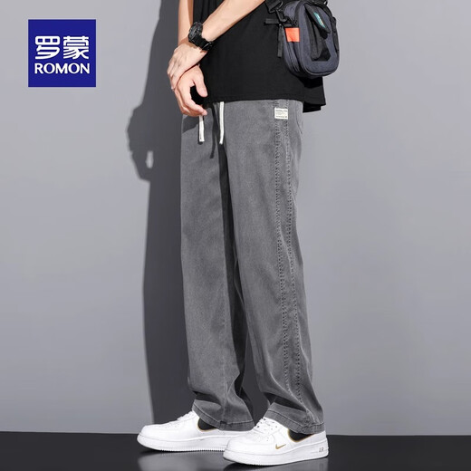 Romon (Romon) 2025 Sommer Dünne Eisseide-Jeans-Gelegenheitshosen Lose gerade Hosen Zugehosen Herrenhosen 1048 Blau [Ice Seide Dünn] XL [Vorgeschlagen 135-155]