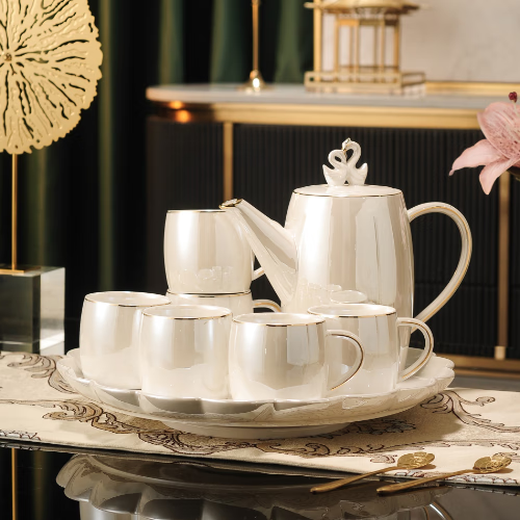 Yanze Light Luxury Wedding Gifts Wedding Gifts for the Couple Tea Set Glass Cup Ceramic Cup Housewarming Gift Swan Pearlescent Eight-piece Set-Gift Box