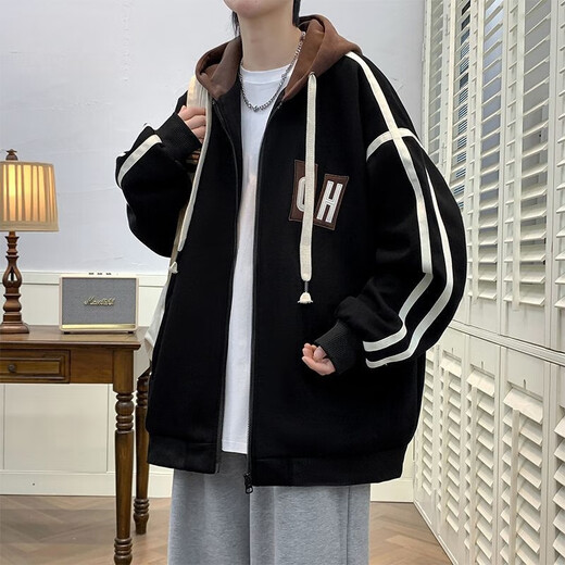 An Chuxia hooded baseball uniform jacket suit men's spring and autumn complete set with jeans men's student three-piece trendy three-piece hooded baseball uniform khaki + black T + denim XL number recommended 125-140Jin Jin equals 0.5 kg