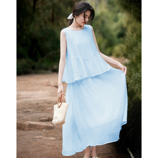 
Demana [Oro Holiday Style] Summer Laiser splicing fake two-piece sleeveless off-shoulder drip button cake for women's dress
