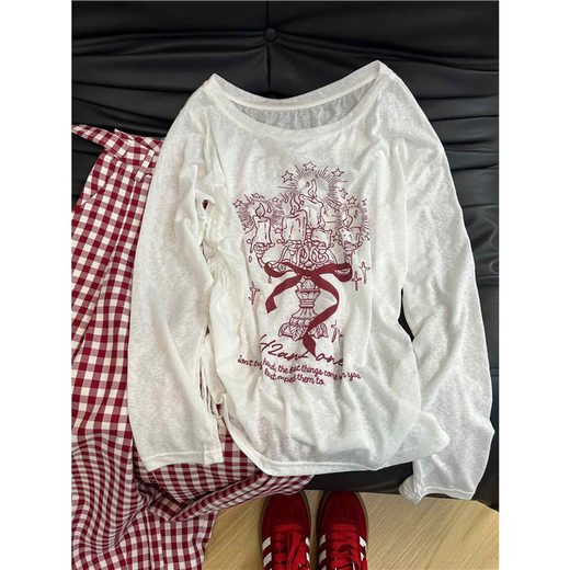 Weiße Graffiti Off-Shoulder Langarmed T-Shirt Sonnenschutzbluse für Frauen 2025 Neuer Sommer Dünner fauler Stil loser Top White Top XL