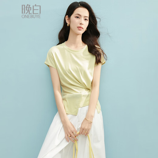 晚白【断码清仓】2025夏款奶黄色上衣圆领莱赛尔显白短袖t恤女 嫩黄色 S