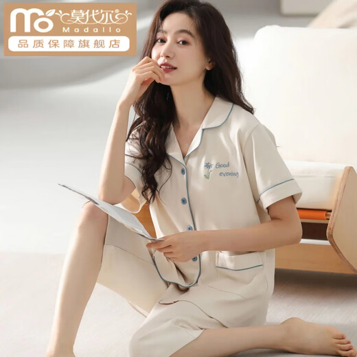 莫代尔棉质睡衣女夏季短袖七分裤大码开衫中青年女士套装外穿家居服 n9898短袖七分裤开衫 4XL (180-200斤)