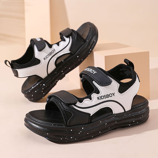 Boys' Sandals 2025 Summer New Hollow Children's Beach Shoes Soft Sole Non-Slip Handsome Middle and Large Children's Open-Toe Sandals HBL2505/Black and White Upgraded Model 31 Size Standard Size