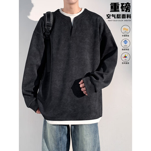 Pull-back sweatshirt for men, spring and autumn holiday two-piece long-sleeved top, American Henry collar bottoming shirt, retro casual jacket, black XL, height 170-180, weight 130-145