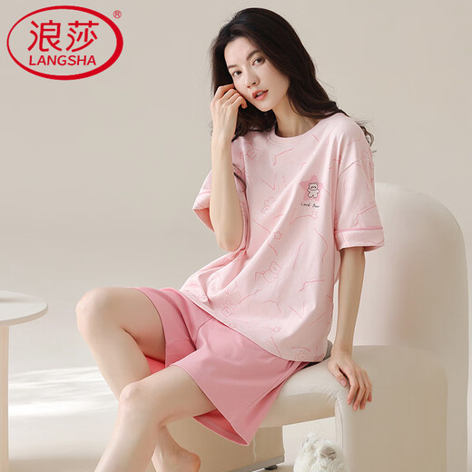 
LangSha light luxury pajamas for women in summer shorts shorts cotton round neck thin sweet pink home clothing set can be worn outside Z9855 M [80-100Jin [Jin equals 0.5 kg] wear]