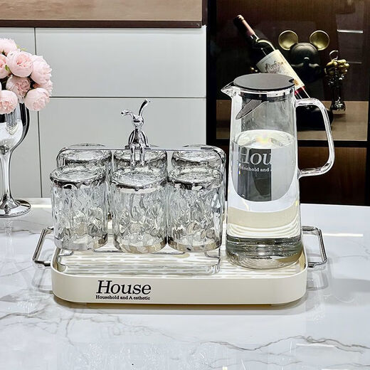 GUIG light luxury cold kettle household water utensil set living room high borosilicate glass cold kettle cup high temperature resistance large capacity light luxury silver-plated water ripple cup - four pieces