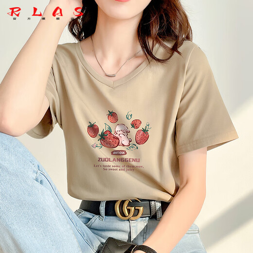 RLAS卡其色t恤女2025新款夏季短袖纯棉正肩体恤设计感兔子v领显瘦上衣 卡其色 723 M