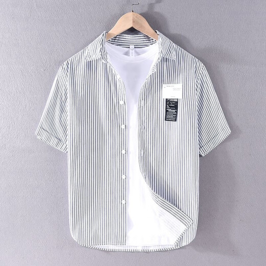 Camisa a rayas Septwolves para hombre, manga corta, verano, delgada, japonesa, retro, algodón puro, sin hierro, estilo coreano, camisa informal de media manga con etiqueta 9766 blanco arroz M adecuado para peso 110-125 Jin Jin equivale a 0,5 kg